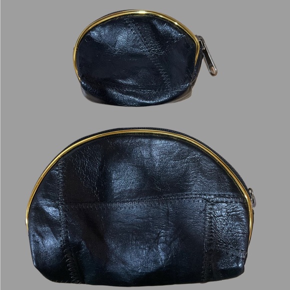 Accessories - Black Leather Pouch Set with Gold Accents (Cosmetic bag & change pouch)